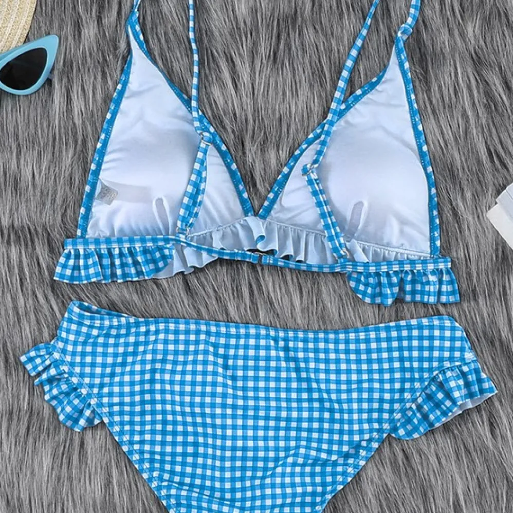 Bikinisetti röyhelöillä siniruutuinen
